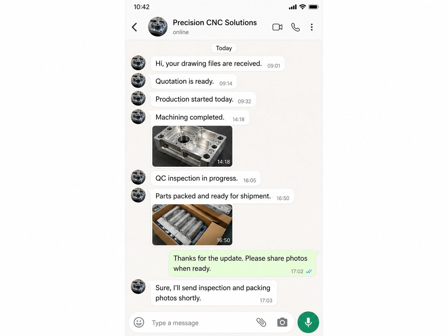 Production progress update shared 
  via chat